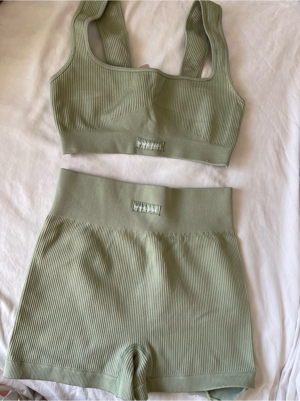 Seamless Ribbed Crop Bralette & High-Waist Shorts Set - Sage Green